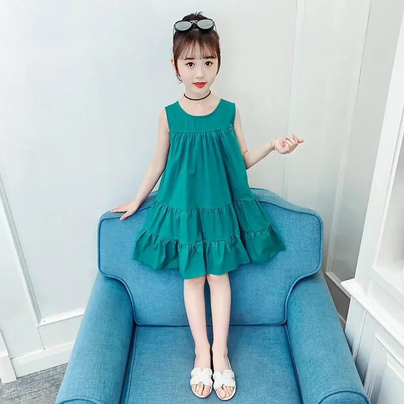 

2024 Girls Summer New Princess Vest Dress Childrens Girls Dresses for School Big Child Solid Color Casual Dress Kids Clothes 12y