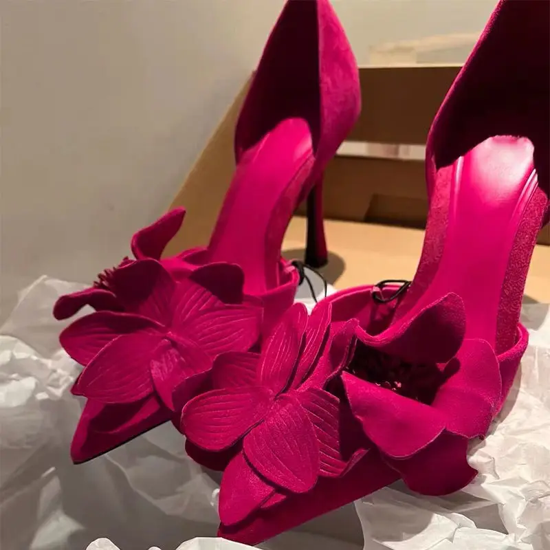 

Rose Red Flower High Heels for Women 2023 Spring New Sexy French Slim Heel Pointed Shoes Thin Heels WOMEN Casual Pumps