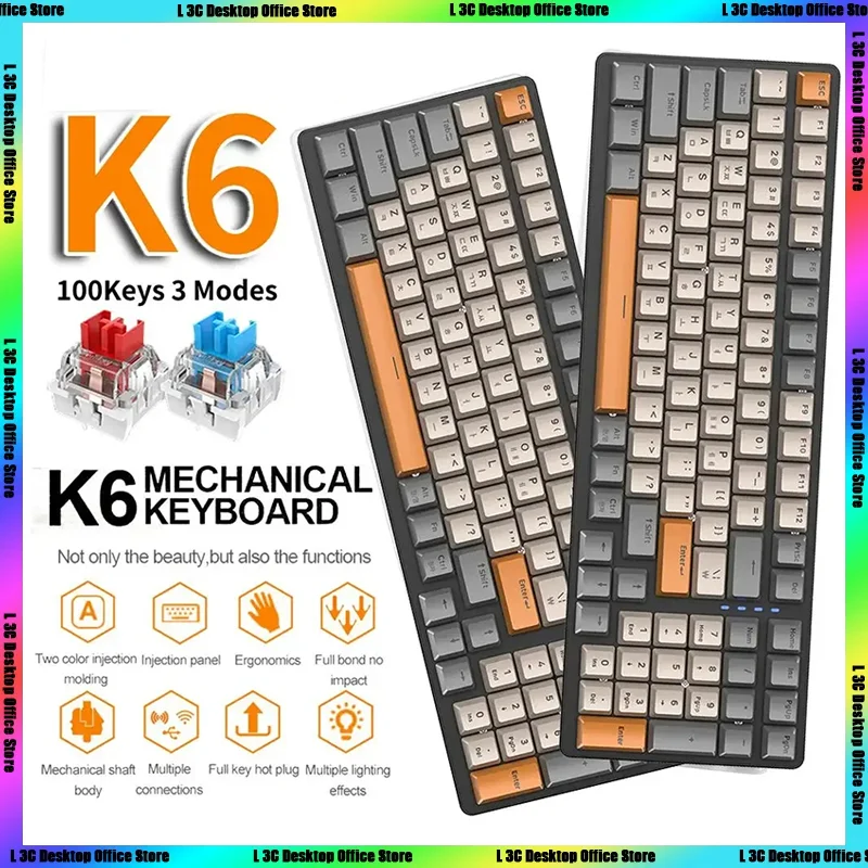 

Free Wolf K6 Mechanical Gaming Keyboard Rgb Backlight 100 Keys Korean Keypad Tri-mode 2.4g Wireless Bluetooth Hot-swap Gamer PC