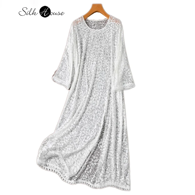 

2024 Women's Casual New White Embroidery 100% Natural Mulberry Silk Half Perspective Falling Shoulder Sleeves Sunscreen Dress