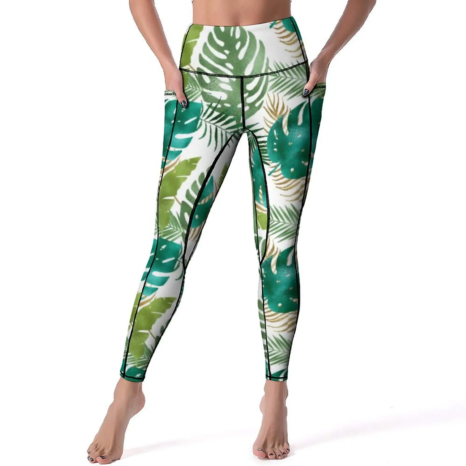 

Variety Metallic Colors Yoga Pants Pockets Green Palm Leaf Leggings Sexy Push Up Casual Yoga Sports Tights Quick-Dry