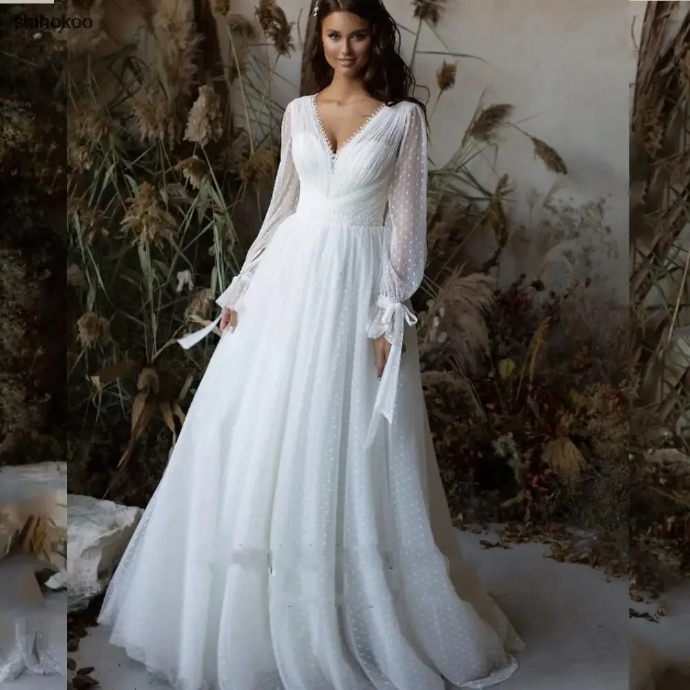 

Boho Wedding Dresses V-Neck Long Sleeves Modern Polka Dot Tulle Robe de Mariee Bohemian Gown Backless White Bridal Dress