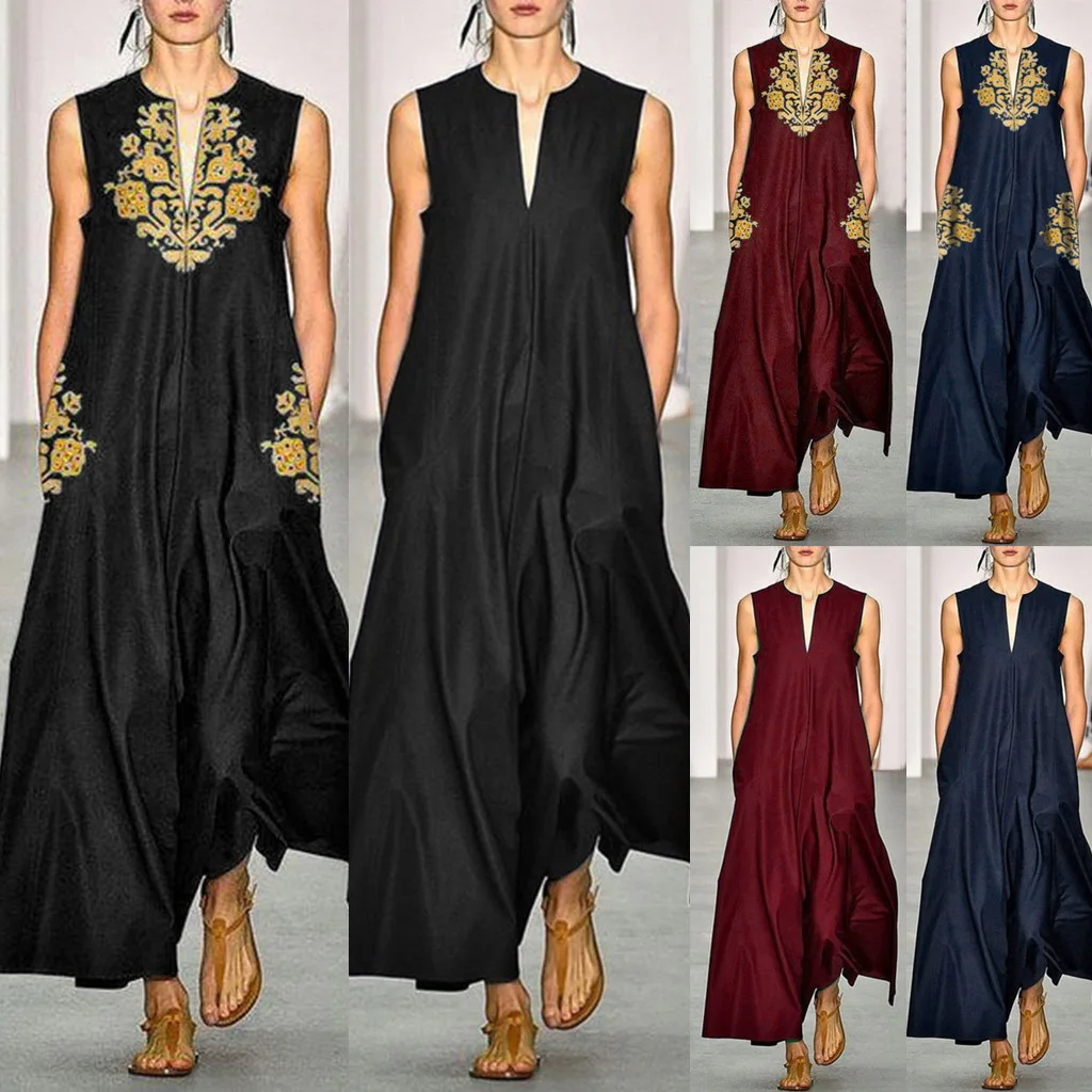 

Elegent Womens Long Dress Robe maxi dress V-neck Sleeveless Printed Skirt summer dress 2024