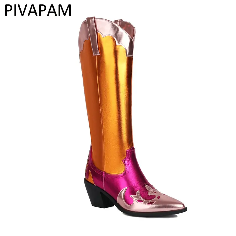 

Women's Cowgirl Boots Metallic Cowboy Boots Chunky Block Heel Western Boots Ladies Vintage Wide-calf Knee High Boots