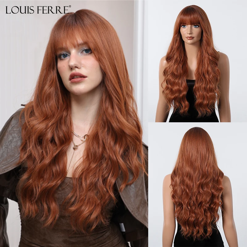 

LOUIS FERRE Long Curly Ginger Copper Wigs with Bangs for Women Heat Resistant Synthetic Wavy Wigs for Daily/Party Natural Hair