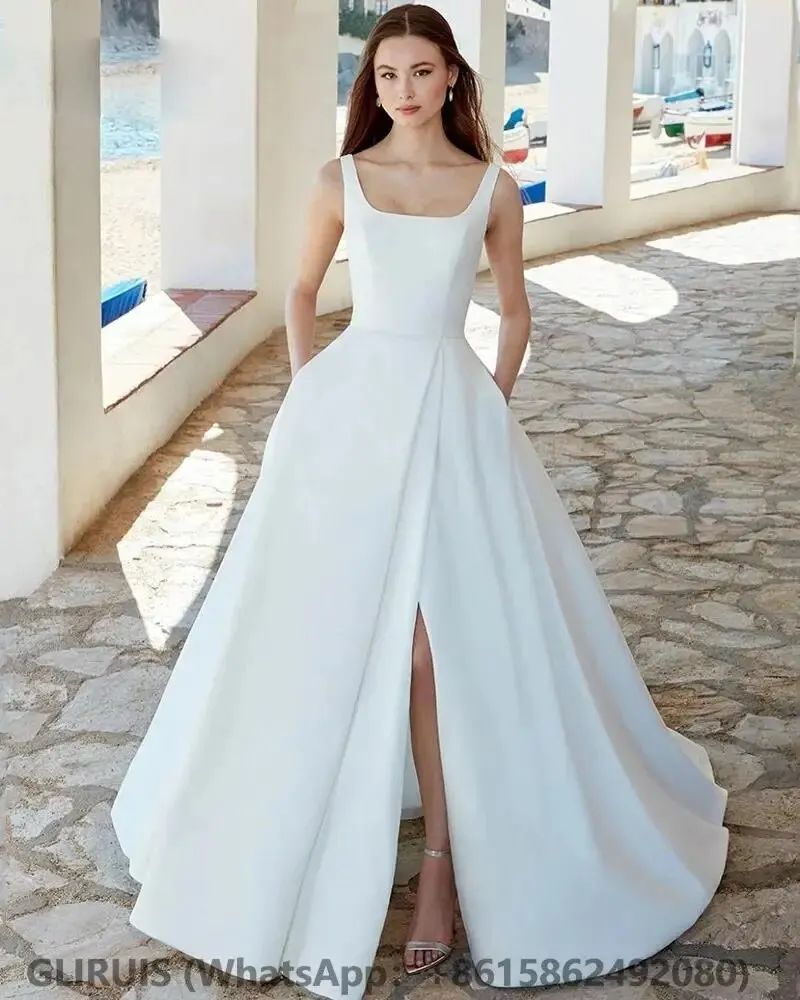 Scoop Neck A-Line Wedding Dresses Sleeveless Split Open Back Bridal Gowns White Satin Court Train Civil Vestidos De Novia
Scoop Neck A-Line Wedding Dresses Sleeveless Split Open Back Bridal Gowns White Satin Court Train Civil Vestidos De Novia