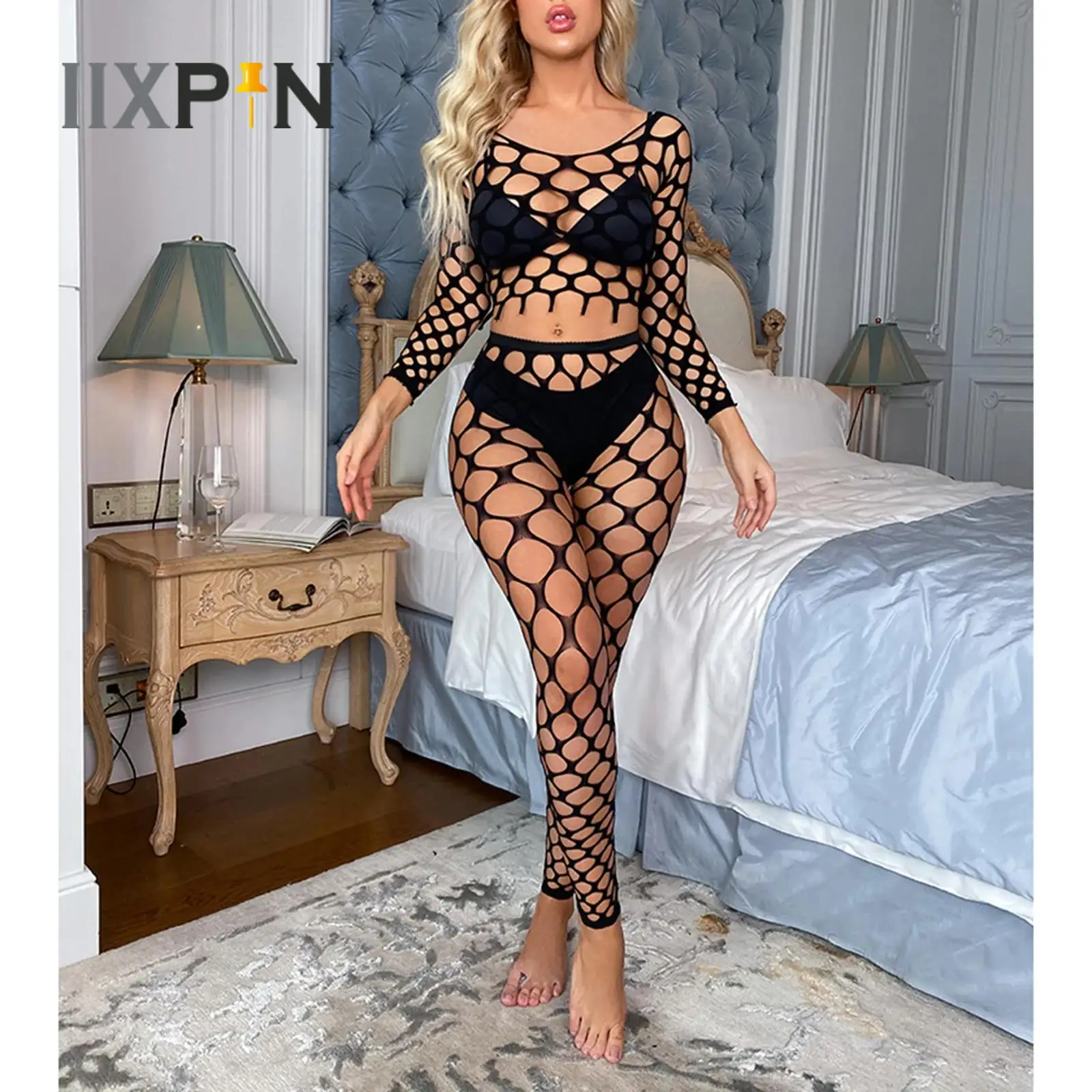 

Womens Sexy Lingerie Set See-Through Fishnet Hollow Out Nightwear Bikini Cover Ups Beachwear Long Sleeve Crop Top+Leggings Pants