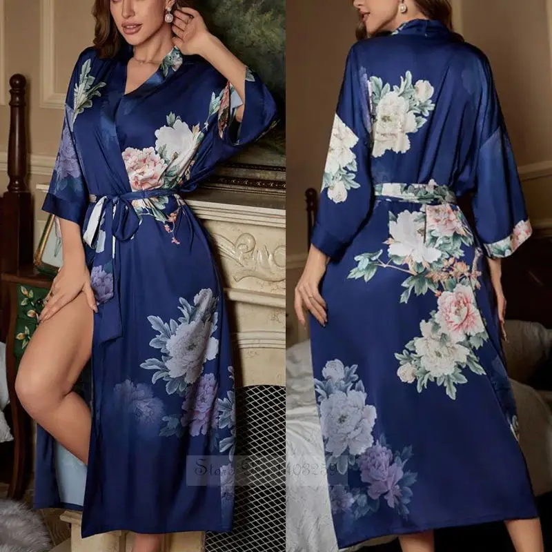 

Атласная Ночная рубашка Женская длинная ночная рубашка кимоно с коротким рукавом весна-лето халат с цветочным принтом Свободная Домашняя одежда