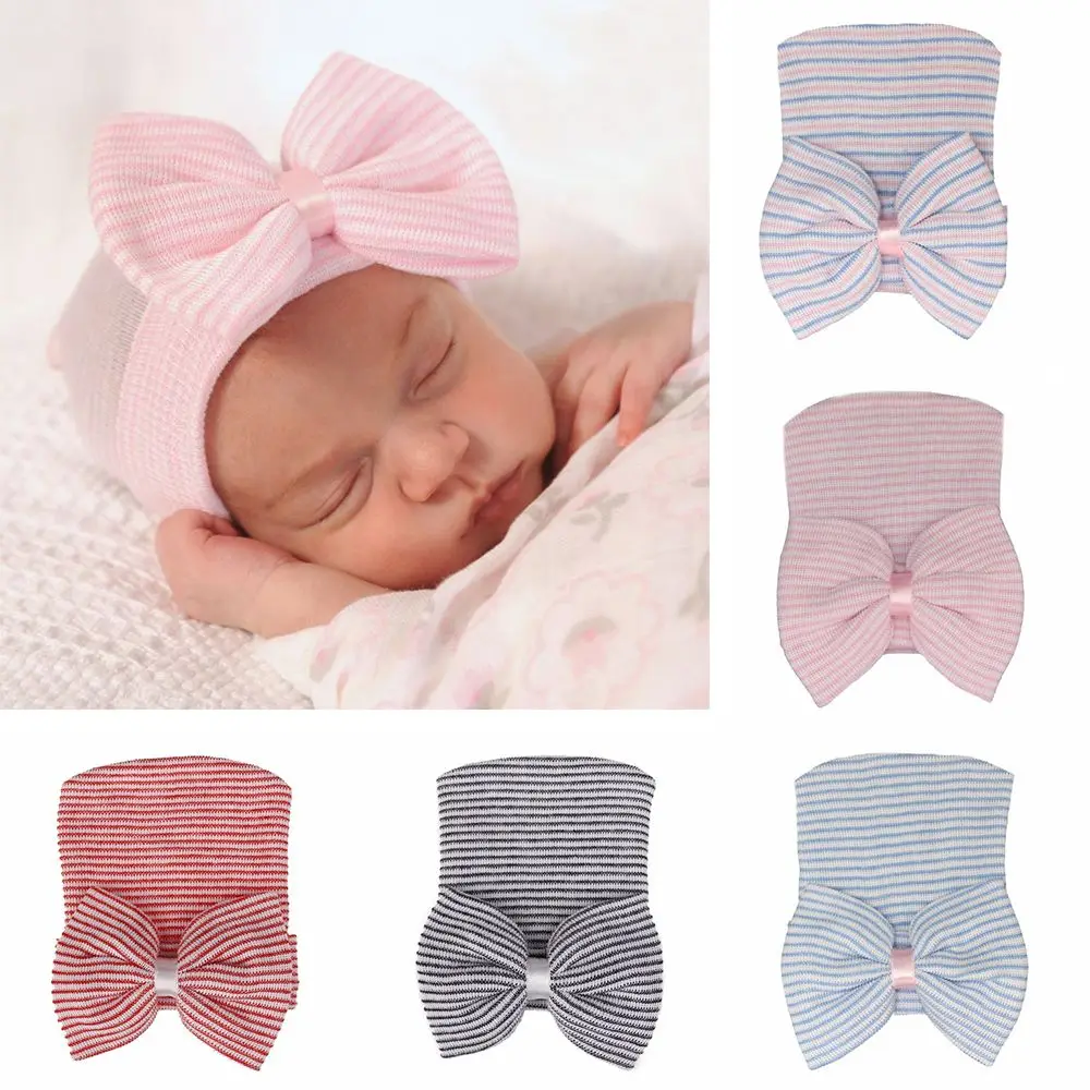 

Newborn Hospital Hat Baby Hats Nursery Beanie Cap With Bow Cute Stripe Infant Hat Soft Turban Hats For Baby Girls Boys