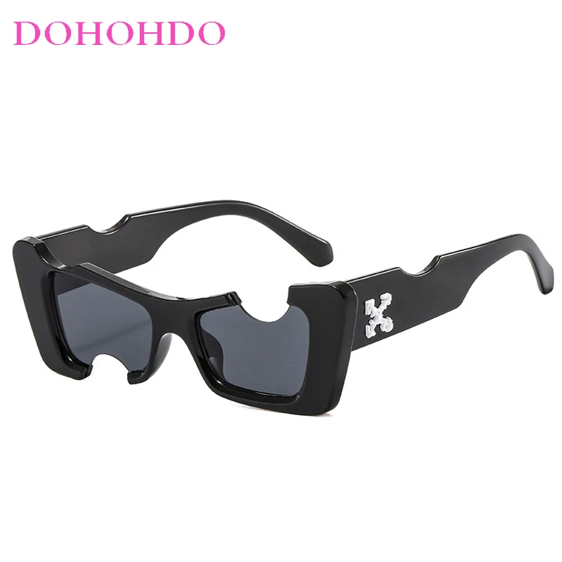 

New Hip Hop Square Sunglasses Women Men Off Notch Hole Design White Sun Glasses Blue INS Ladies Vintage Eyewear UV400 Protection