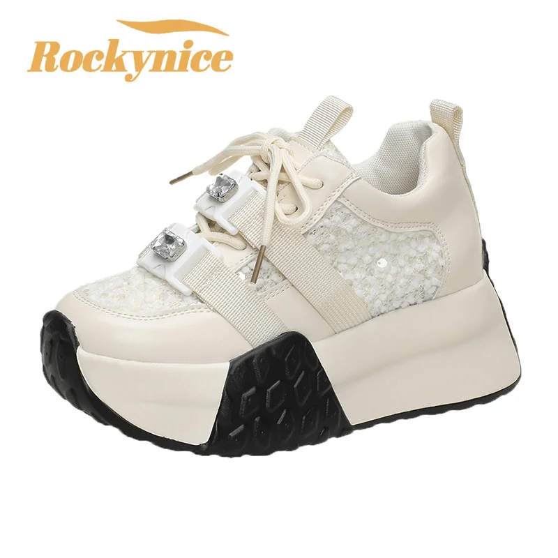 

Women High Platform Bling Leather Sneakers New Spring Chunky Casual Sports Vulcanized Shoes Woman Breathable Zapatillas de depor