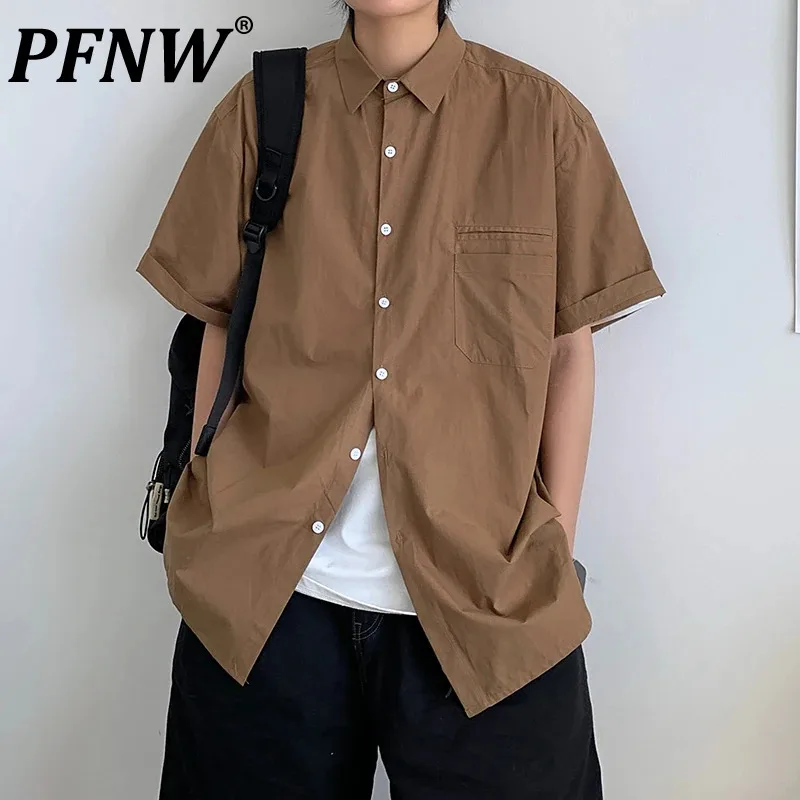 

Мужская однобортная рубашка PFNW, однотонная Повседневная рубашка с короткими рукавами и отложным воротником, свободного покроя, с карманами, 28W3151