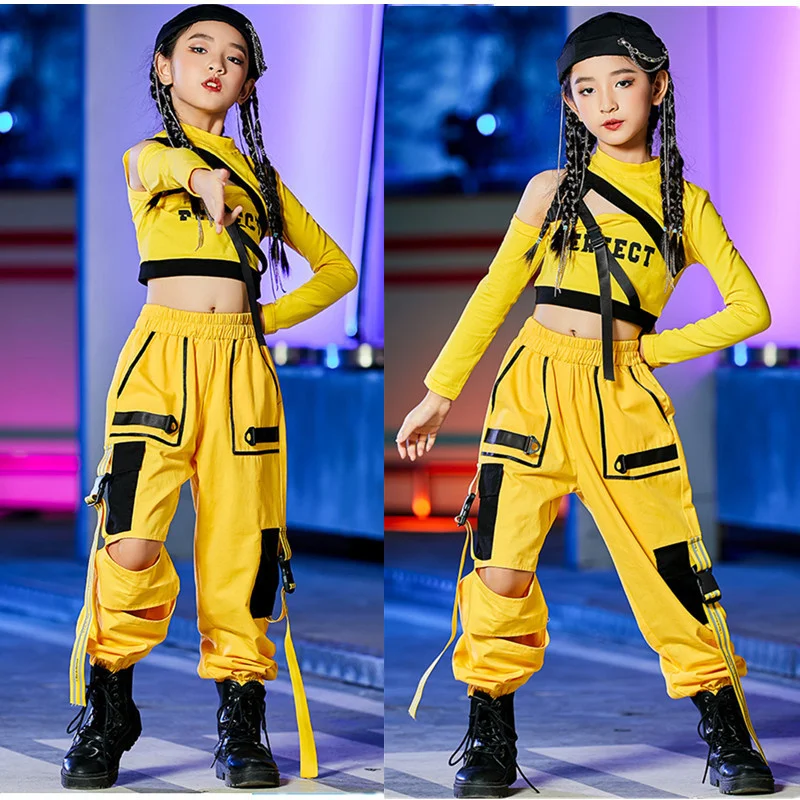

Girls Hip Hop Dance Costumes Children Yellow Outfits Jazz Street Dance Wear Ballroom Hiphop Rave Clothes Stage dance Costumes