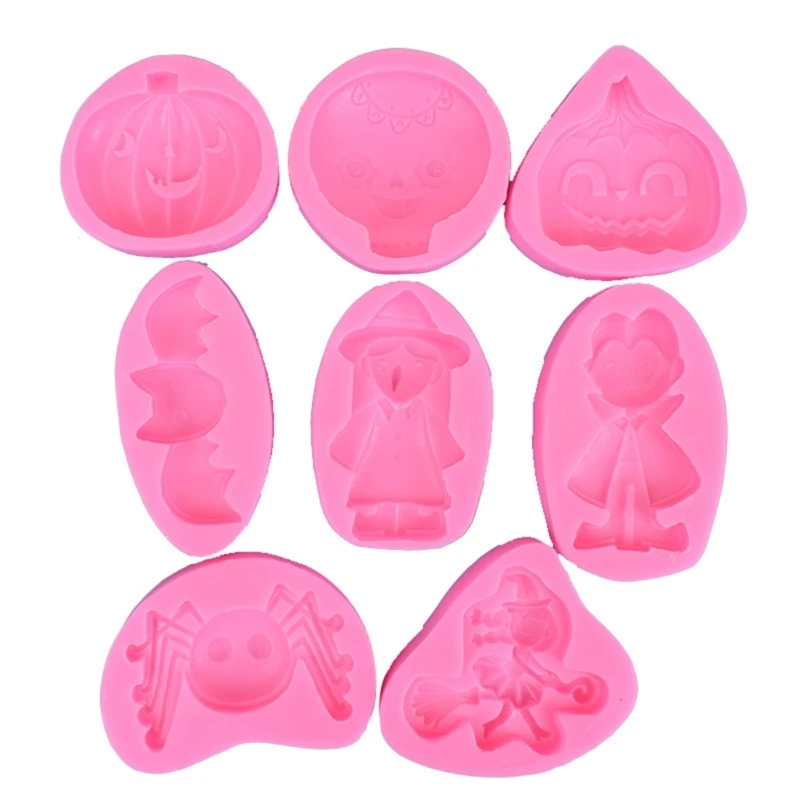 

K1MF 8Pcs Pumpkin Witch Bat Fondant Chocolate Mould Cake Toppers Baking Tool Halloween Ornament Silicone Mold Easy to Clean