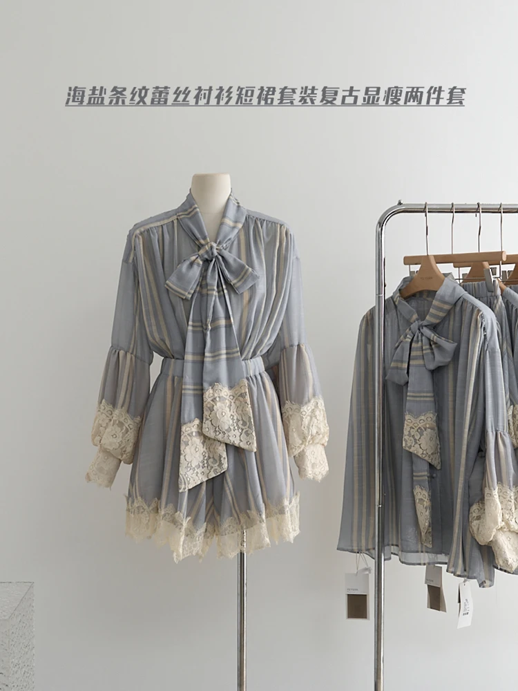 Women Old Money Vintage Outfits 2 Piece Set Long Sleeve Lace Shirts + Striped Elastic Waist Mini Skirts Mori Girl Elegant Boho
Women Old Money Vintage Outfits 2 Piece Set Long Sleeve Lace Shirts + Striped Elastic Waist Mini Skirts Mori Girl Elegant Boho