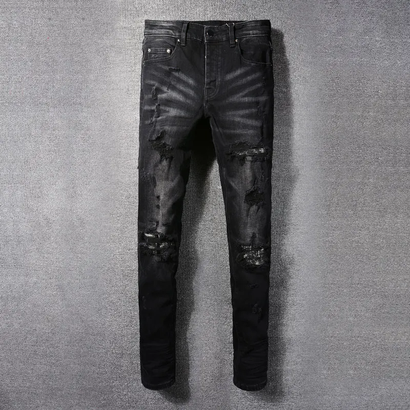 

Джинсы мужские Стрейчевые в стиле ретро, рваные джинсы скинни, стиль хип-хоп, модные брендовые брюки с заплатками, Черные Серые
