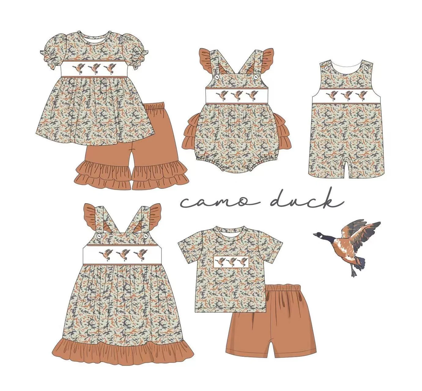 hunting series Boutique Summer Clothing Camo Duck Short Sleeve Set Dress jumpsuit Sibling Costumes boys outfits set girl clothes 
hunting series Boutique Summer Clothing Camo Duck Short Sleeve Set Dress jumpsuit Sibling Costumes boys outfits set girl clothes