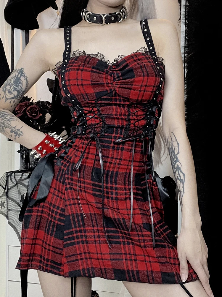 

Red Plaid Dress Street Goth Fairy Grunge Y2K Pleated Lace-up Tube Lolita Partywear Eyelet Strap Corset Sexy Mini Dresses