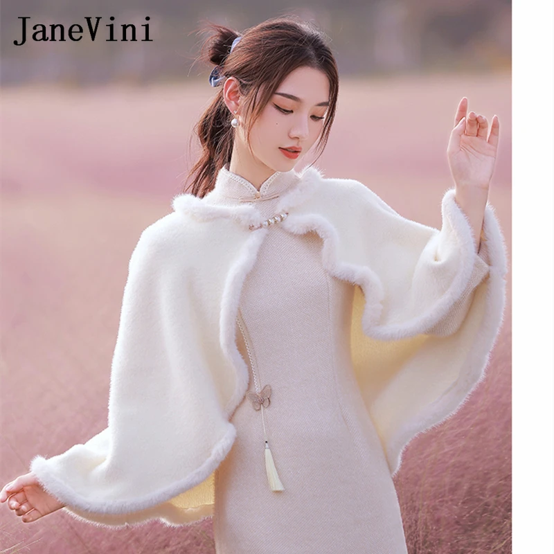 

JaneVini 2023 New Ivory Faux Fur Cape Wedding Wraps Chale Mariage Bridal Bolero Women Jacket Fur Party Stoles Cloak Shrug Shawl