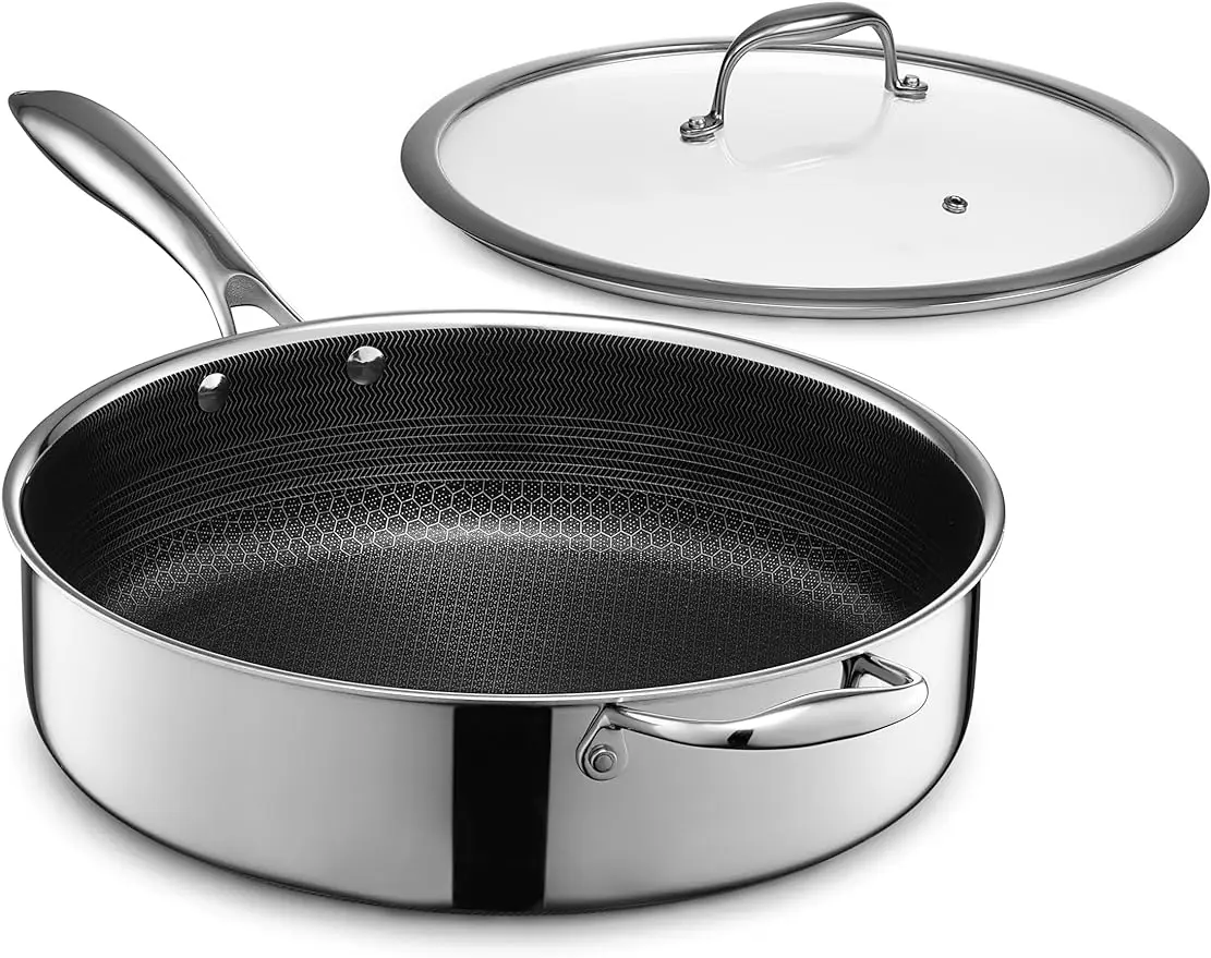 

HexClad Hybrid Nonstick 5.5 Qt Deep Sauté Pan and Lid, Dishwasher and Oven-Safe, Induction Ready, Compatible with All Cooktops