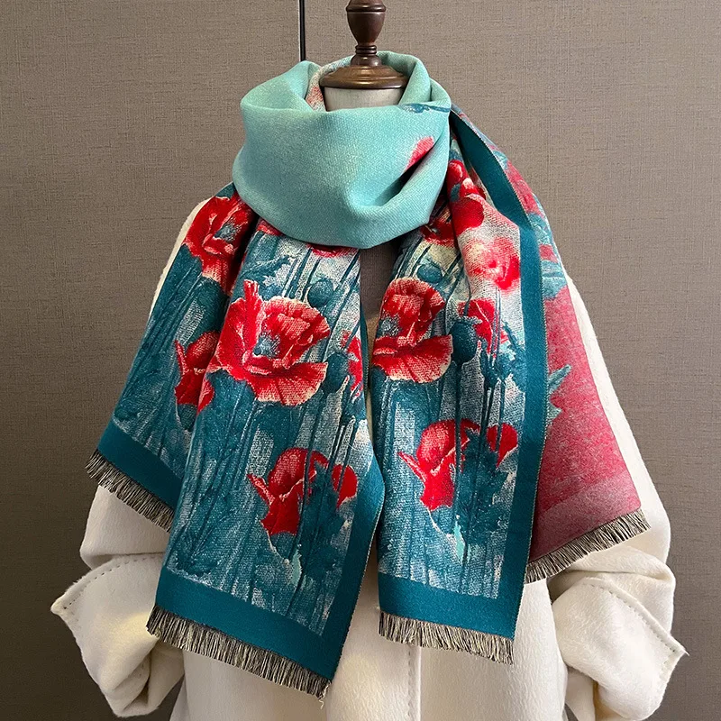 

New Luxury Floral Print Cashmere Scarfs for Women Winter Soft Pashmina Bufandas Thickened Female Warm Shawls Wraps Neck Scarves