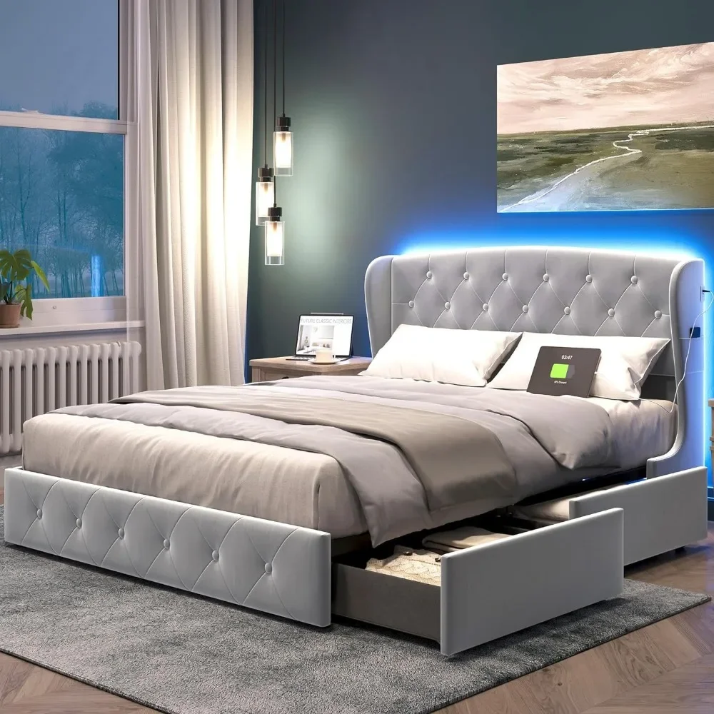 Queen Bed Frame with Headboard & 4 Drawers, Velvet Upholstered Bed Frame with RGB Lights & USB-C Charger, Platform Bed Frame
Queen Bed Frame with Headboard & 4 Drawers, Velvet Upholstered Bed Frame with RGB Lights & USB-C Charger, Platform Bed Frame