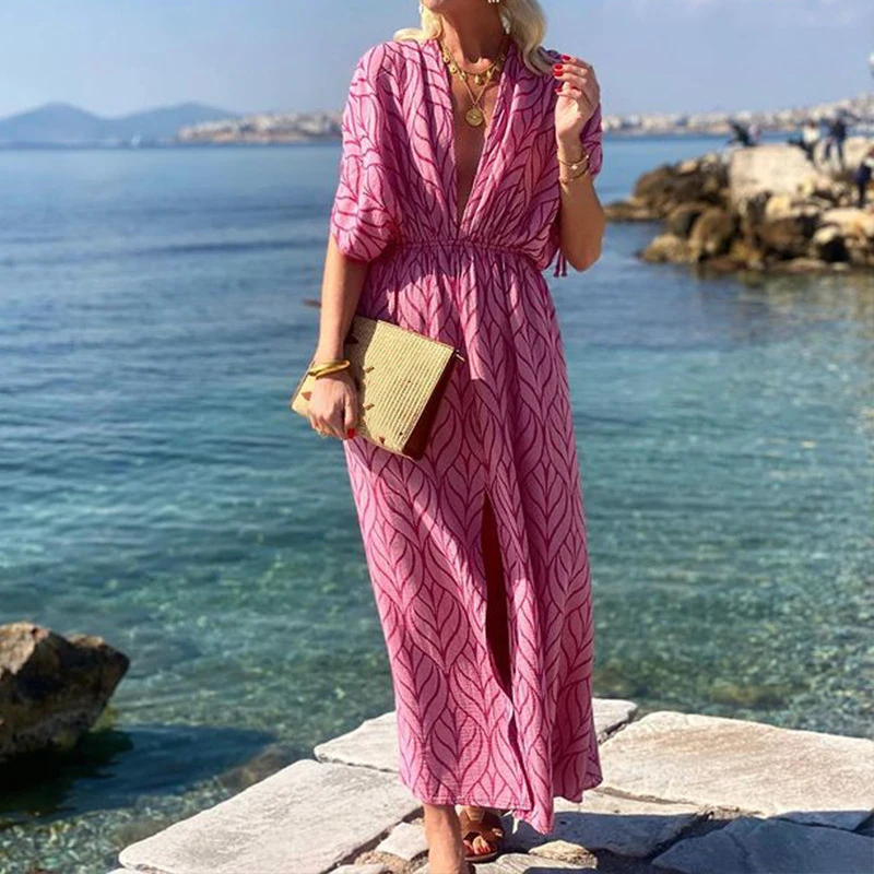 Fashion Short Sleeve Holiday Beach Dress Summer Casual Pattern Print Long Dress Elegant Deep V Neck High Waist Split Party Dress 
Fashion Short Sleeve Holiday Beach Dress Summer Casual Pattern Print Long Dress Elegant Deep V Neck High Waist Split Party Dress