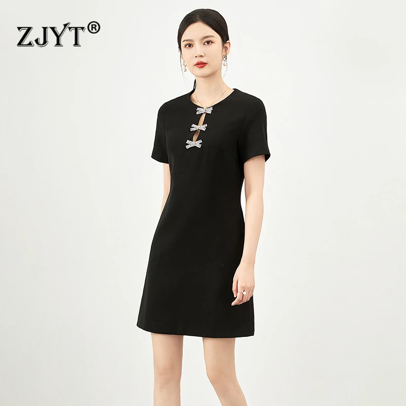 

ZJYT Designer Beading Bowknot Simple Casual Dress Summer Woman Fashion Short Sleeve Knee Length Aline Party Dress Elegant Robes