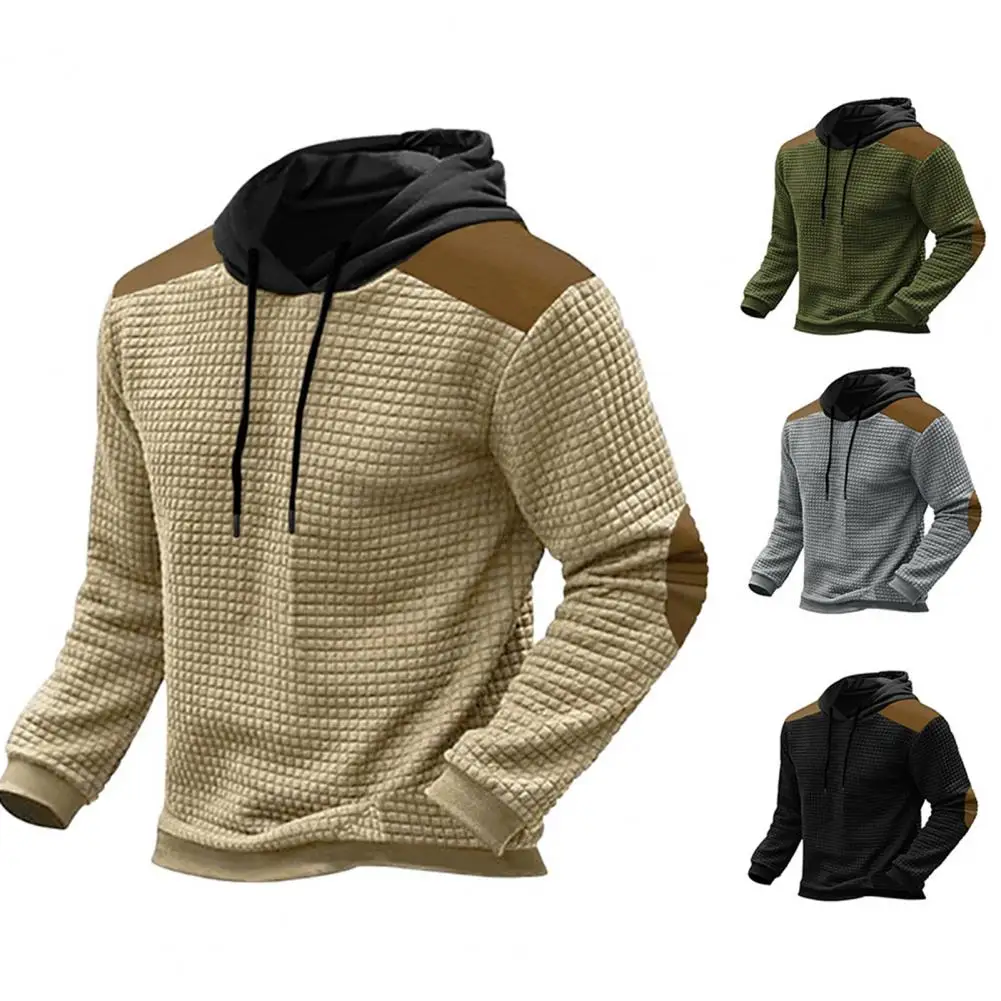 

Men Hoodie Patch Design Drawstring Hooded Long Sleeve Waffle Texture Pullover Elastic Cuff Color Matching Men Mid Length Top