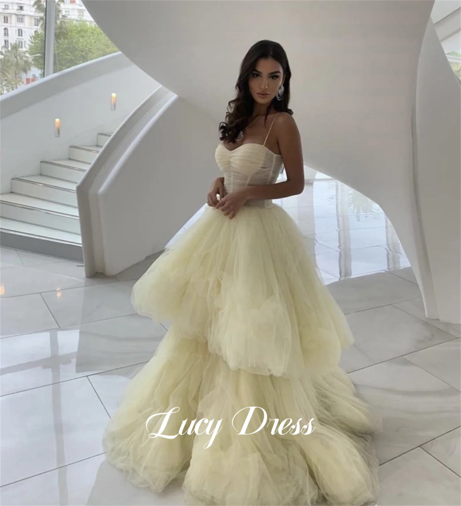 

Lucy Layered White Wedding Party Fluffy Strapless Ball Gown Mesh Dress Long Elegant Evening Dresses for Formal Occasions Prom