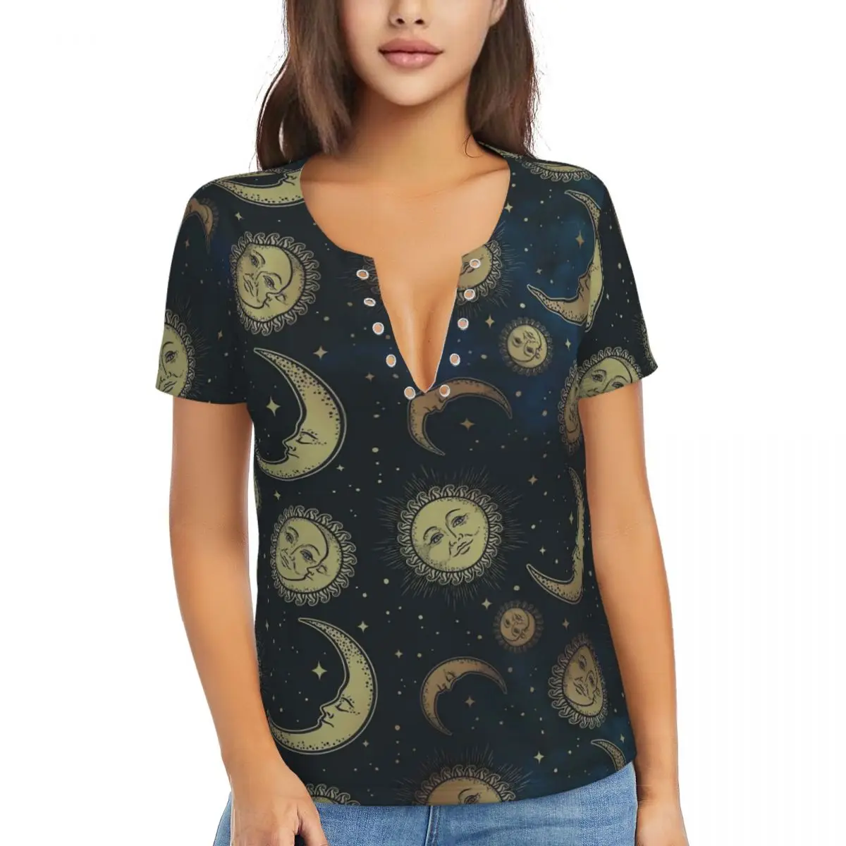 

Vintage Astrology T Shirt Sun Moon and Stars Trendy T-Shirts Sexy Deep V Neck Short Sleeve Tops 2024 Female Street Wear Tees