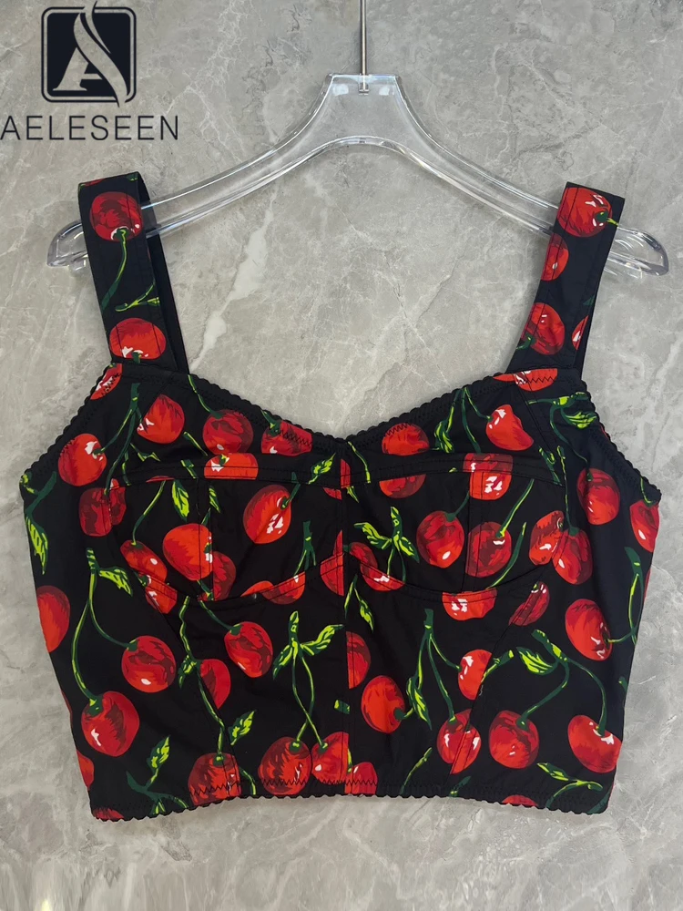 

AELESEEN Sicilian100% Cotton Camis Corset Women Runway Fashion Cherry Printed Summer Spaghetti Strap Short Bustier Poplin Crop