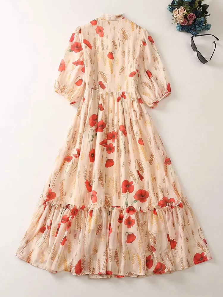 

Женское модельное дизайнерское платье миди с цветочным принтом, шифоновое платье с бантом на воротнике в стиле бохо для отпуска, лето 2023