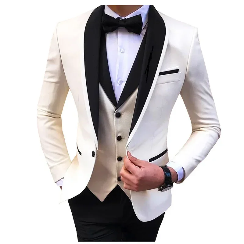 

2024 Fashion New Men Business 3 Pcs Suits Set Coat Trousers / Male Slim Wedding Groomsmen Colorblock Blazers Jacket Pants Vest