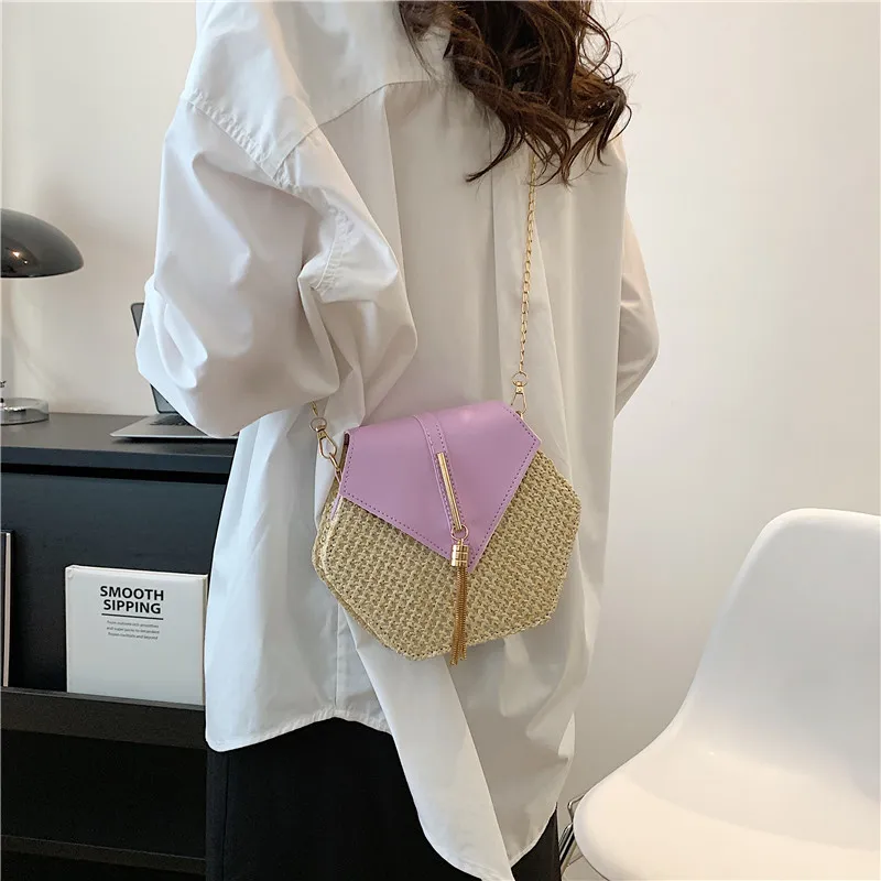 Hexagon Straw & Leather Handbag - Bohemian Woven Beach Shoulder Bag 8 S862277d5826846da9d11a9335a4c74c0a