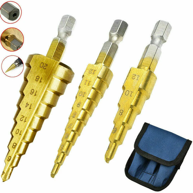 3-12mm 4-12mm 4-20mm Drilling Tools Straight Groove Step Drill Bit Titanium Coated Wood Metal Hole Cutter Core Tool 3Pcs/Set
3-12mm 4-12mm 4-20mm Drilling Tools Straight Groove Step Drill Bit Titanium Coated Wood Metal Hole Cutter Core Tool 3Pcs/Set