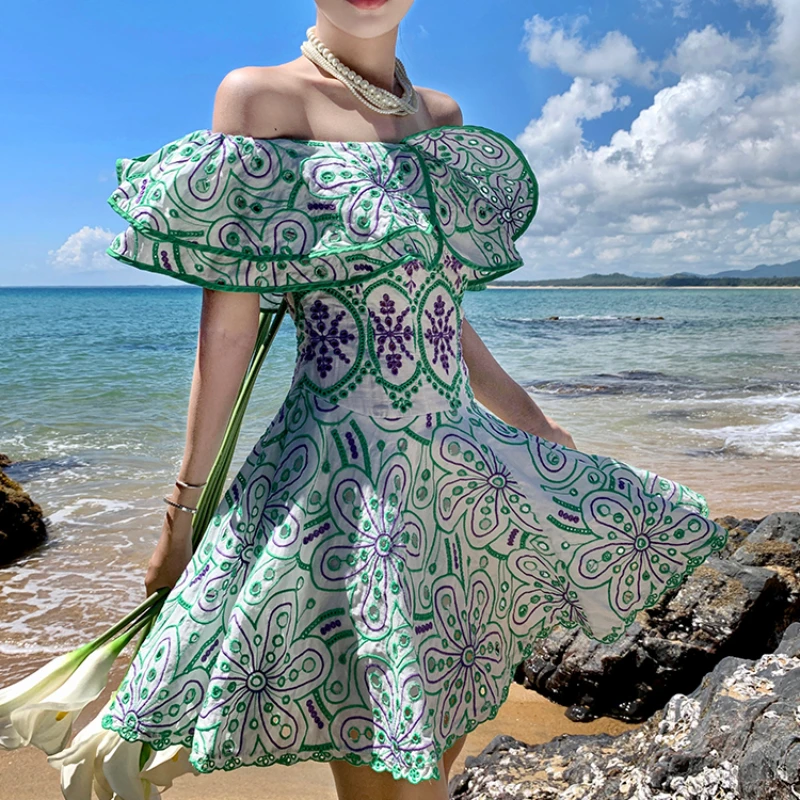 

Vintage Flora Embroidery Dress Women Slash Neck Elegant Bodycon Dresses Runway Design Summer Vacation Clothing