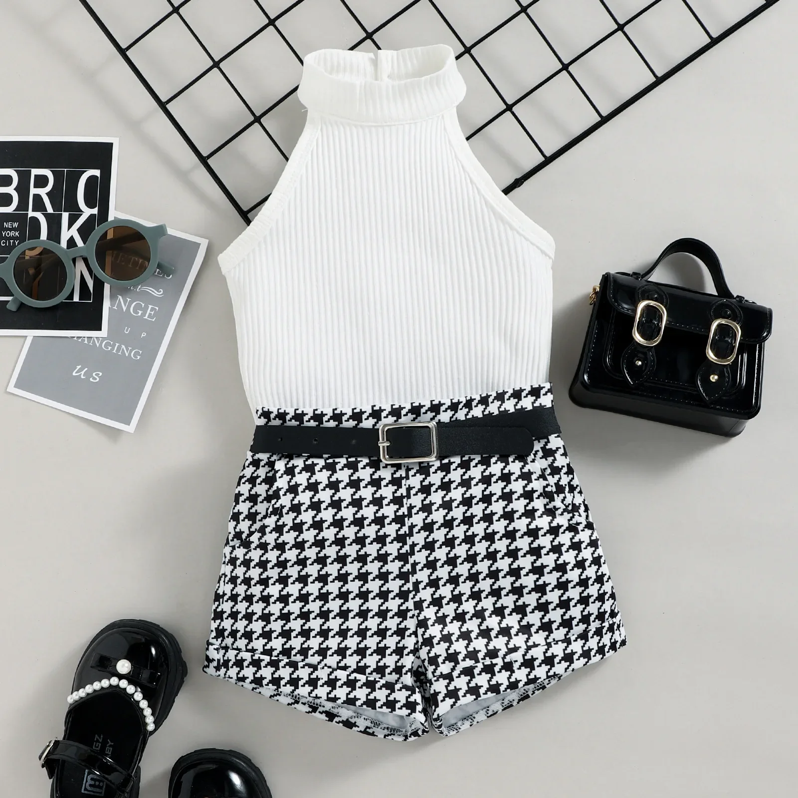 

Toddler Girl Kids Clothes Set Fashion Crop Top And Houndstooth Shorts Summer Cool Sets for Children Girl Clothing + Leather Belt