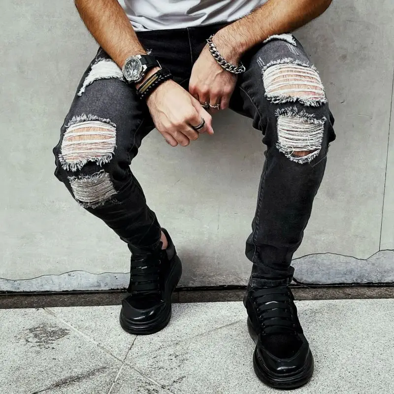 

Street Trend Men's Casual Jeans Distressed Hole Ripped Slim Fit Small Foot Denim Pants Youth Male Skinny Stretch Cowboy Trousers