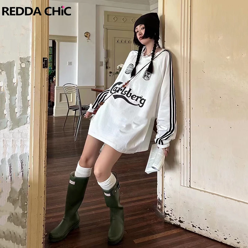 

ReddaChic Two Tone Women Oversized Top with Slit Hiphop Side Bar O-neck Graphic Print Long Sleeve Casual T-shirt Vintage Clothes
