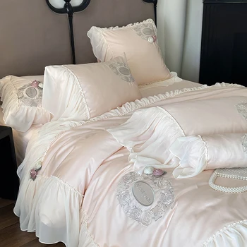 럭셔리 쉬폰 레이스 자수 침구 세트, 이집트 코튼 핑크 공주 3D 꽃 장식, 이불 커버 침대 시트 베개 커버