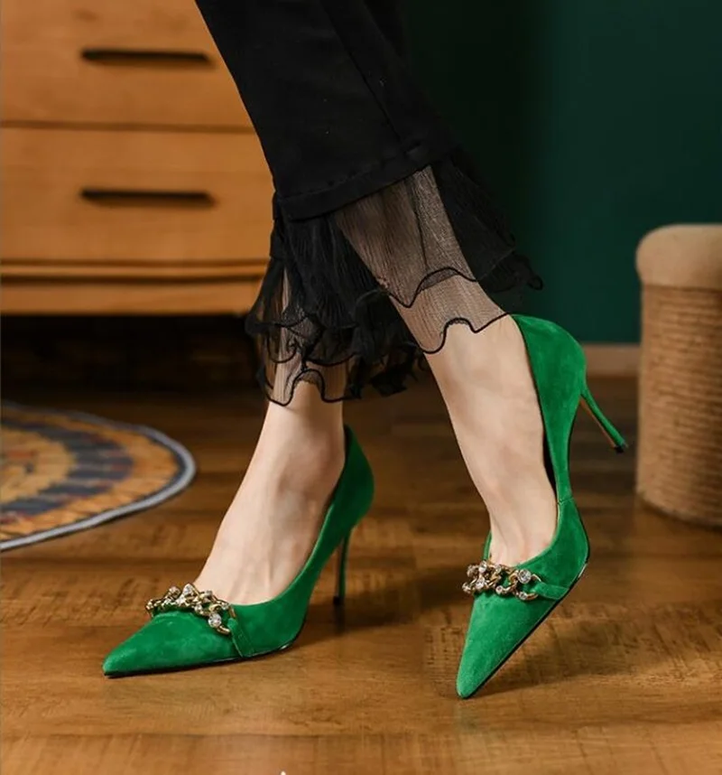 

New Green Suede Chain Decor Pointed Toe High Heel Shoes Womens Metal Crystal Embellished Stiletto Heel Pumps Slip-on Shallow