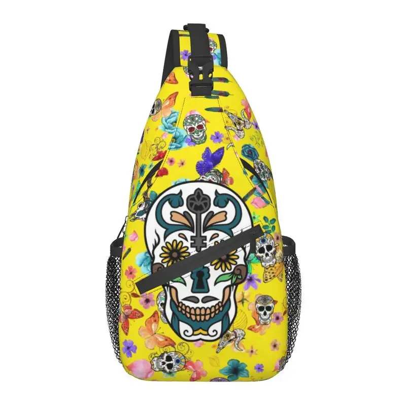 

Fashion Day Of The Dead Sugar Skulls Sling Crossbody Backpack Men Skeleton Gothic Shoulder Chest Bags for Camping Biking