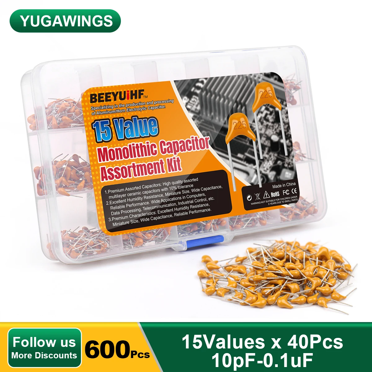 600Pcs Yugawings Monolithic Ceramic Capacitor Kit 10pF 20pF 30pF 47 68pF 100pF 220pF 330pF 470pF 1nF 4.7nF 10nF 22nF 47nF 0.1uF
600Pcs Yugawings Monolithic Ceramic Capacitor Kit 10pF 20pF 30pF 47 68pF 100pF 220pF 330pF 470pF 1nF 4.7nF 10nF 22nF 47nF 0.1uF