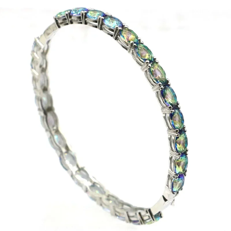 

13g 925 SOLID STERLING SILVER Customized BRACELET Fancy Fire Rainbow Mystic Topaz White Sapphire Tanzanite Ladies 8.5inch