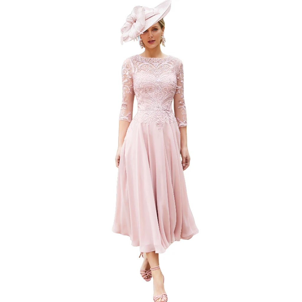 

Женское шифоновое платье для матери невесты, элегантное розовое платье с кружевным лифом и рукавом три четверти, милая Праздничная юбка для сада