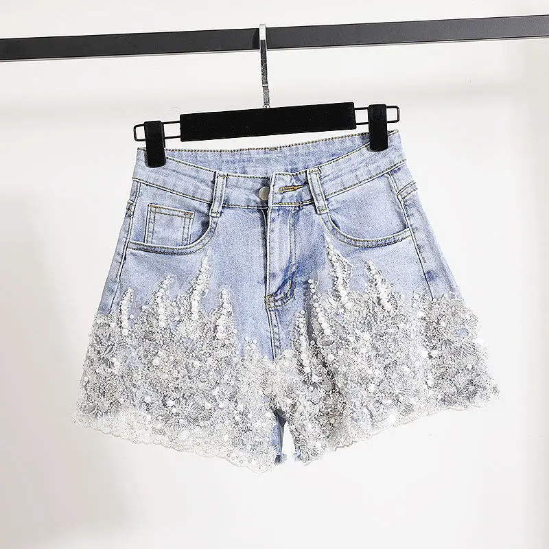 

Female Industry Nailed Bead Denim Shorts Women's Summer New Fashion High Waist Wide Leg Pants Hot Pant All-match Shorts Q884