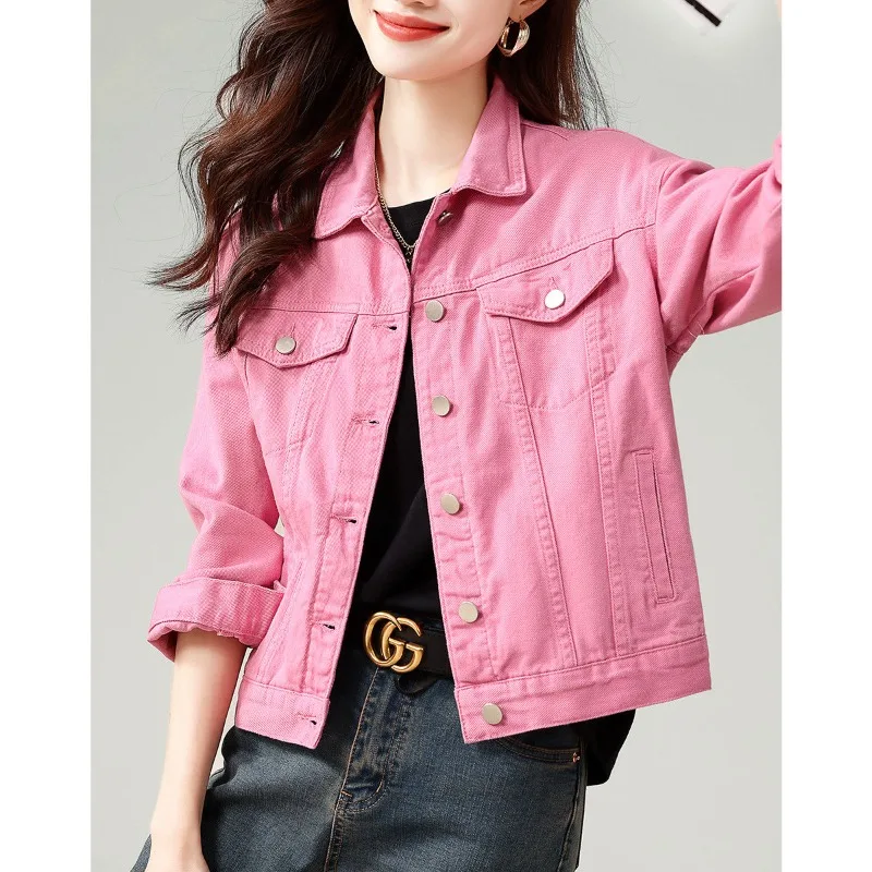 

Женская короткая джинсовая куртка, розовое однобортное повседневное пальто с лацканами, верхняя одежда для весны и осени, 2024