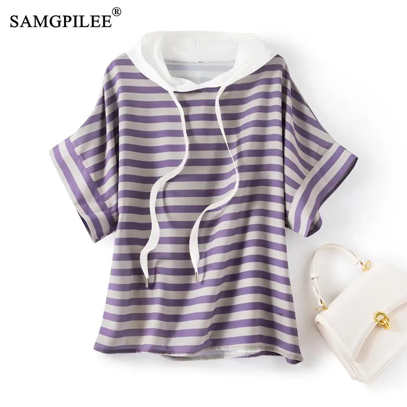 Женская шифоновая футболка в полоску, свободная Классическая футболка большого размера с рукавами «летучая мышь» и капюшоном в Корейском стиле, лето 2023 
Женская шифоновая футболка в полоску, свободная Классическая футболка большого размера с рукавами «летучая мышь» и капюшоном в Корейском стиле, лето 2023