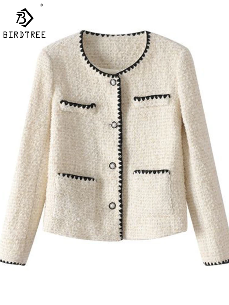 

Birdtree 38.3% Sheep Wool 9% Cotton Tweed Coat Autumn/Winter New Contrast Trimmed Crewneck Casual Cropped Coats Women C39928QD